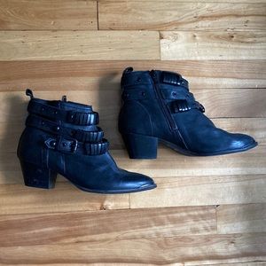 Aldo leather ankle boots, moto style with straps and metal hardware details.